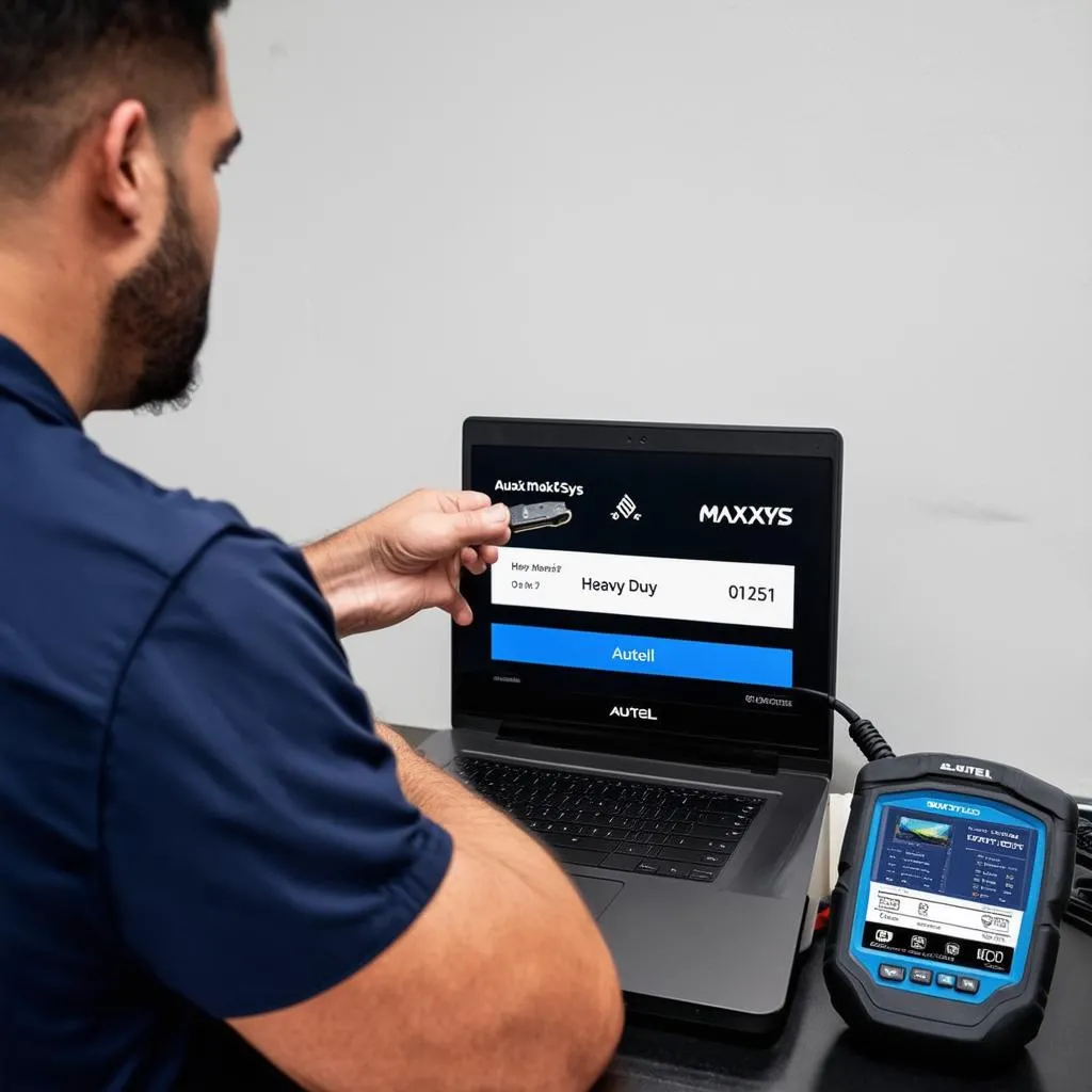 A mechanic updating the software on an Autel MaxiSys Heavy Duty diagnostic tool