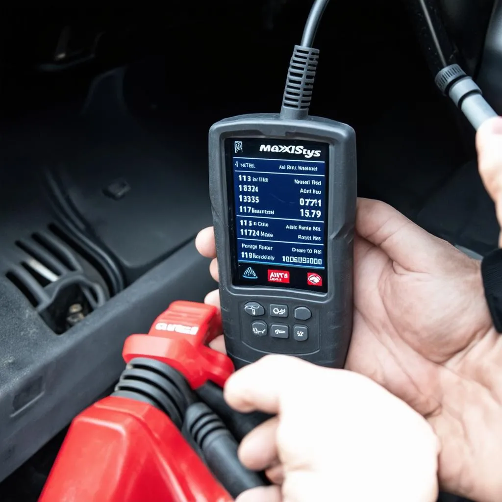 The Autel MaxiSys HT309 plugged into a car's OBD-II port, displaying diagnostic information on its screen