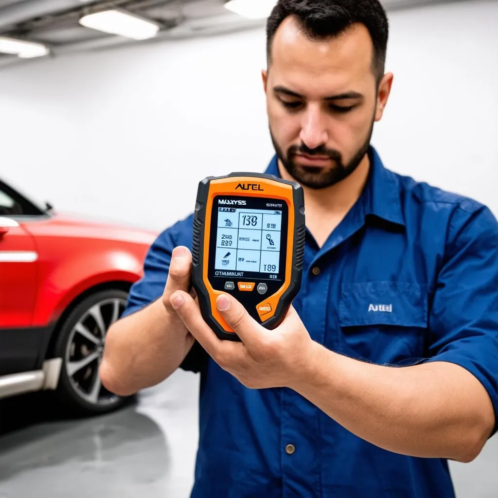 Mechanic holding the Autel MaxiSys HT309 diagnostic scanner in his hand, with a car in the background