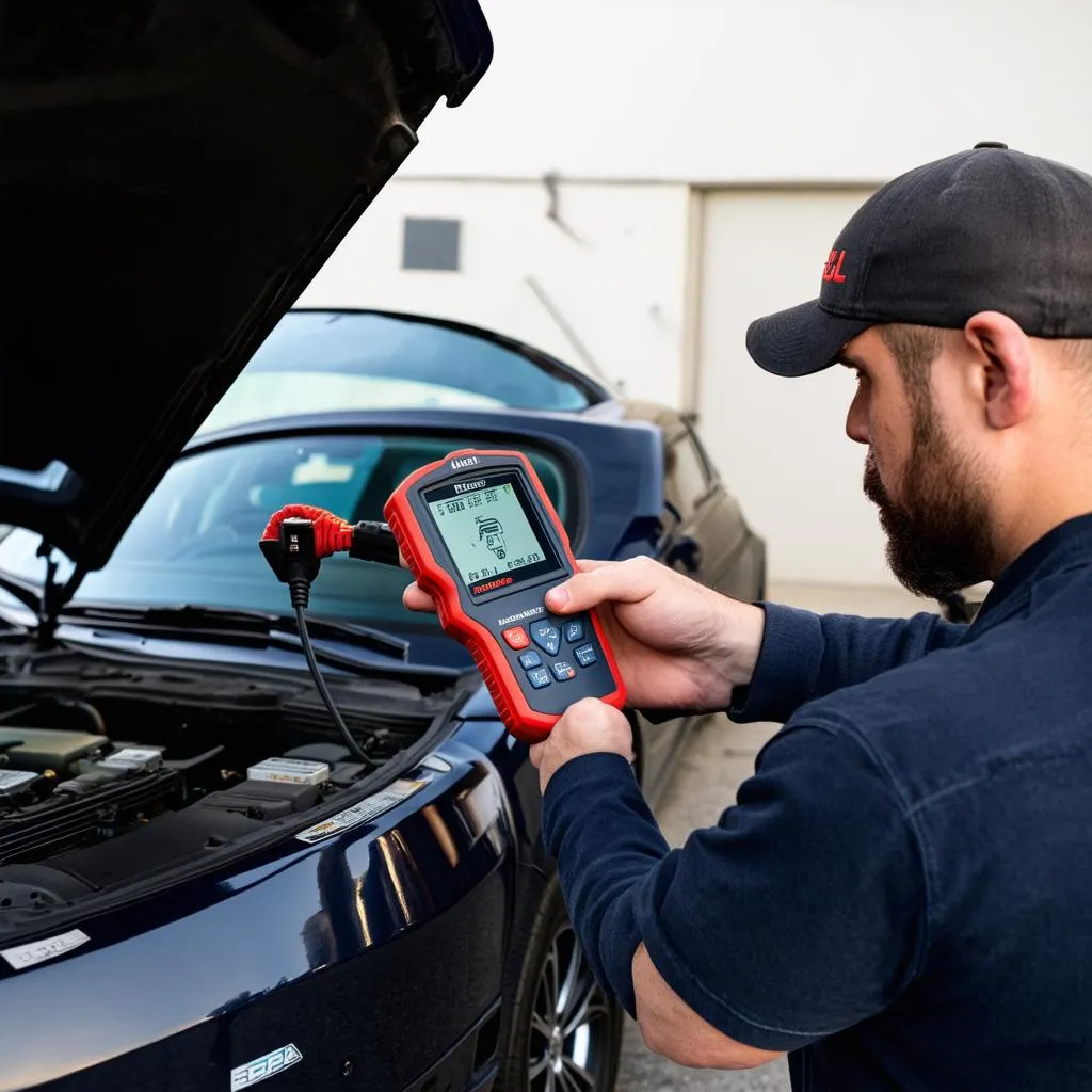 Mechanic using Autel MaxiSys to diagnose car engine problem