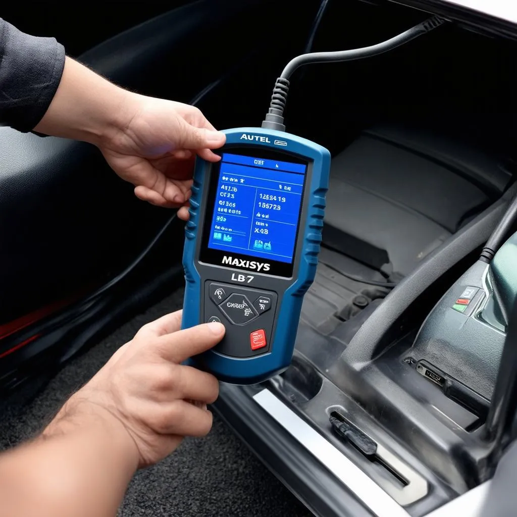 Autel MaxiSys LB7 plugged into a car's OBD-II port