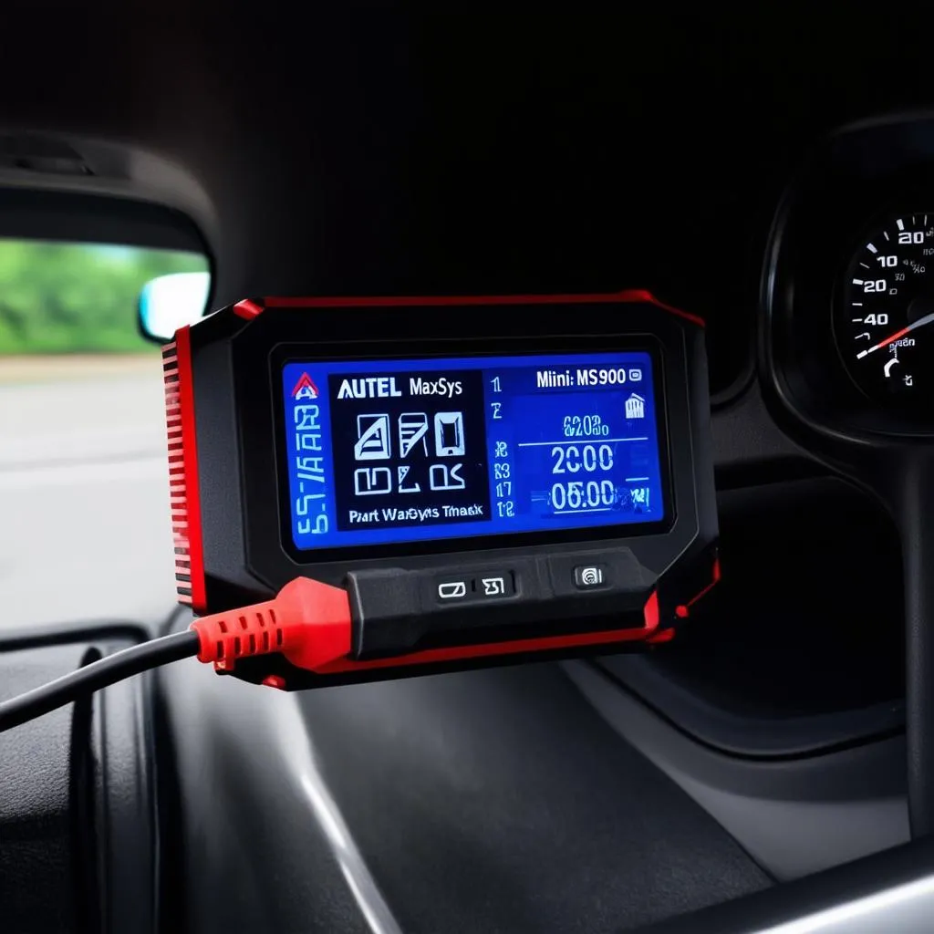 Autel MaxiSys Mini MS905 plugged into a car's OBD-II port, displaying diagnostic information on its screen.