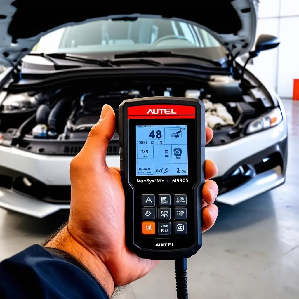 Autel MaxiSys Mini MS905 held by a mechanic, showcasing its compact design and user-friendly interface. 