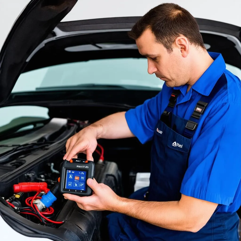 Autel MaxiSys MS906BT in a mechanic's hands