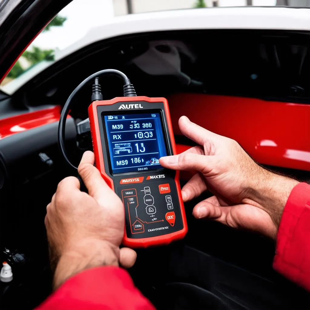 Mechanic using the Autel MaxiSys MS906BT Pro to diagnose a car problem.