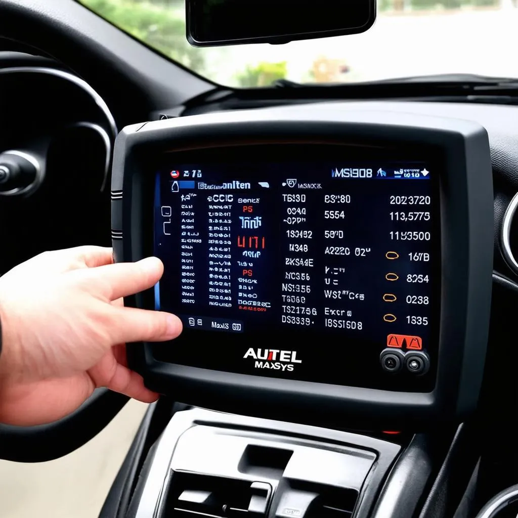 Close-up of the Autel MaxiSys MS908 screen displaying diagnostic data for a car.