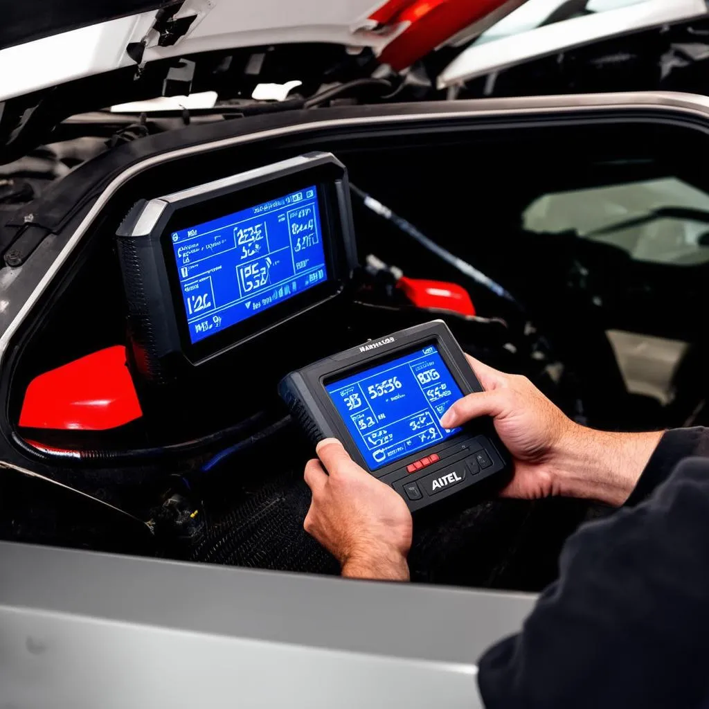 Autel MaxiSys MS908 diagnostic tool being used by a mechanic to diagnose a car engine problem.