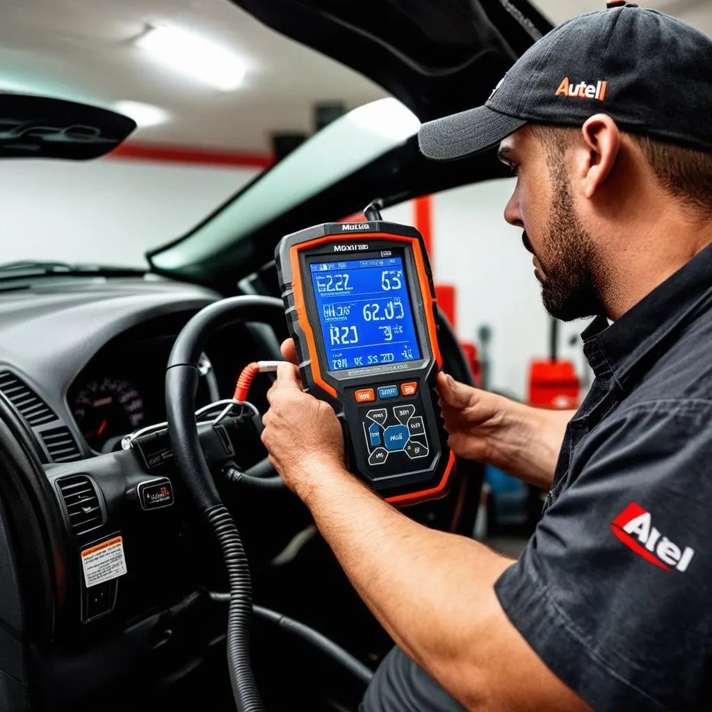 Mechanic using the Autel MaxiSys MS908P Pro J2534 to diagnose a car