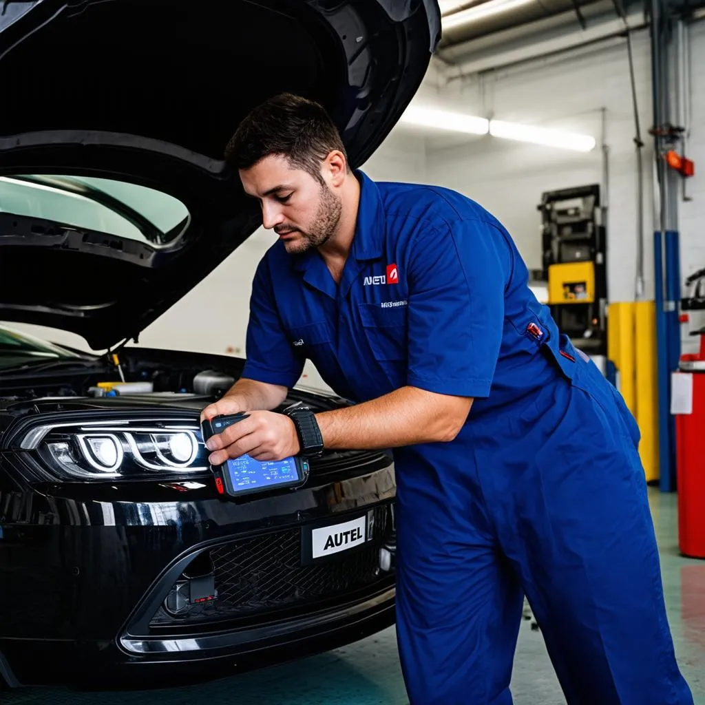 Mechanic using Autel MaxiSys MS908S3 to diagnose car problems