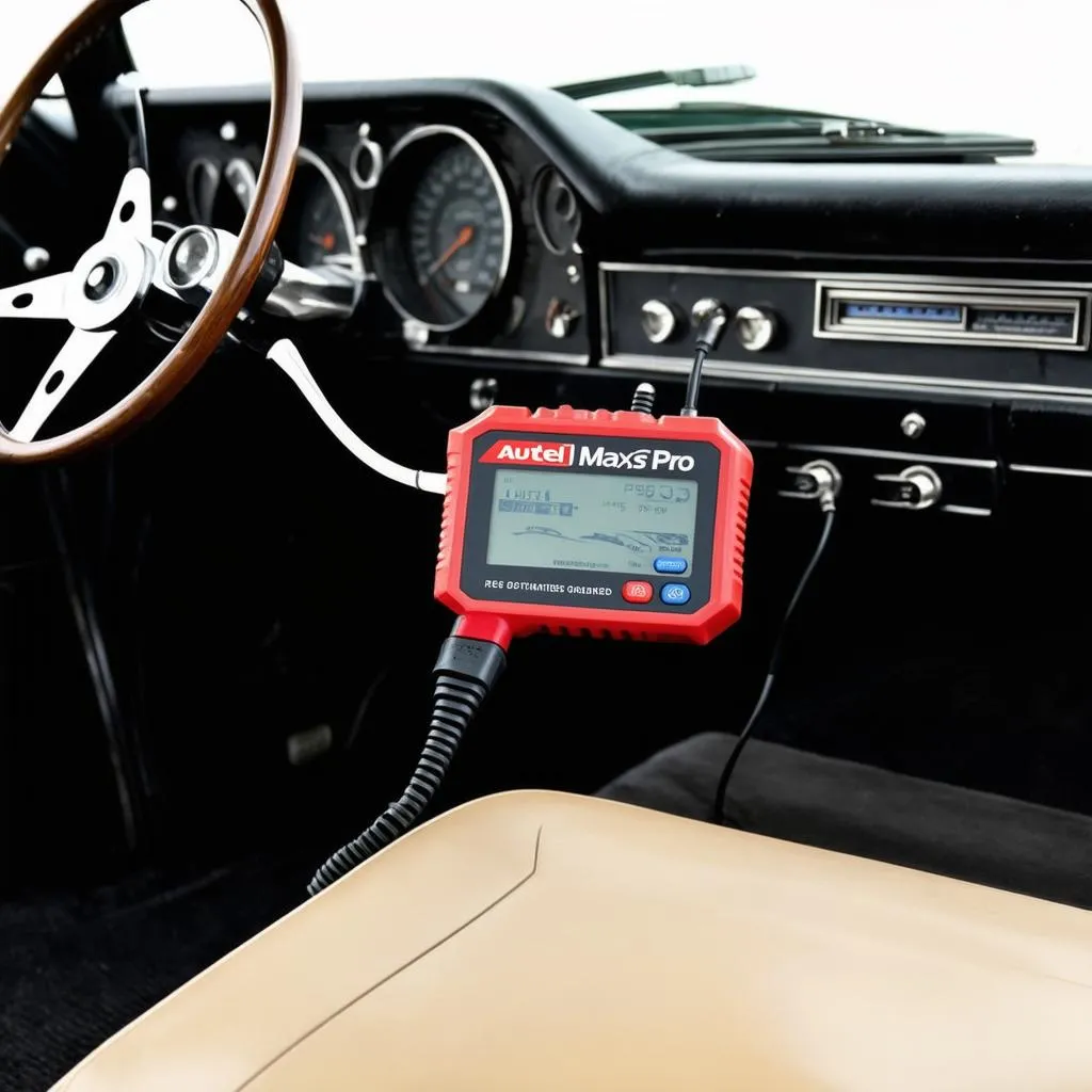 Autel MaxiSys Pro connected to a vintage car with an OBD1 adapter