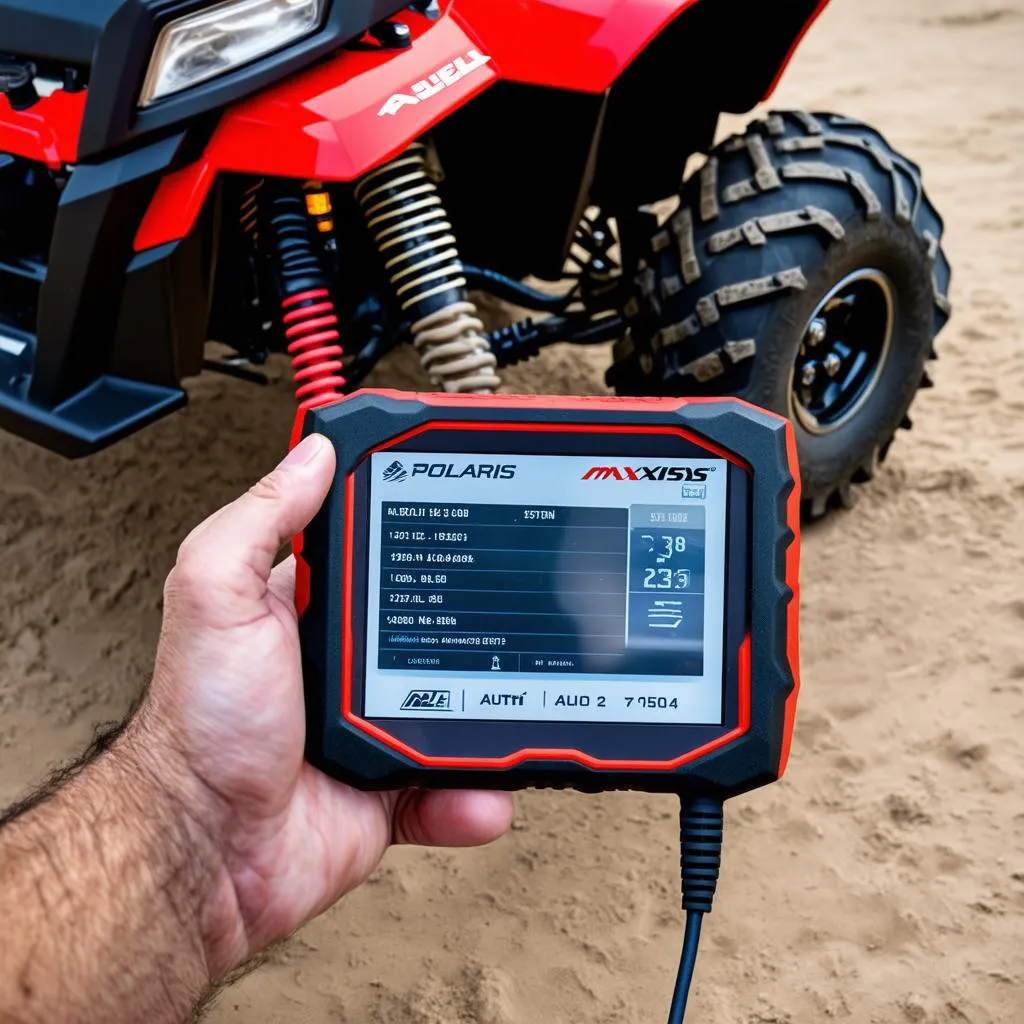 Autel MaxiSys diagnostic tool connected to a Polaris ATV