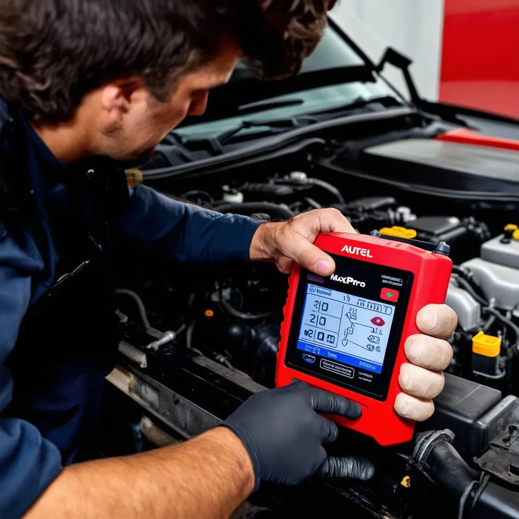 Autel MaxiSys Pro in a mechanic shop