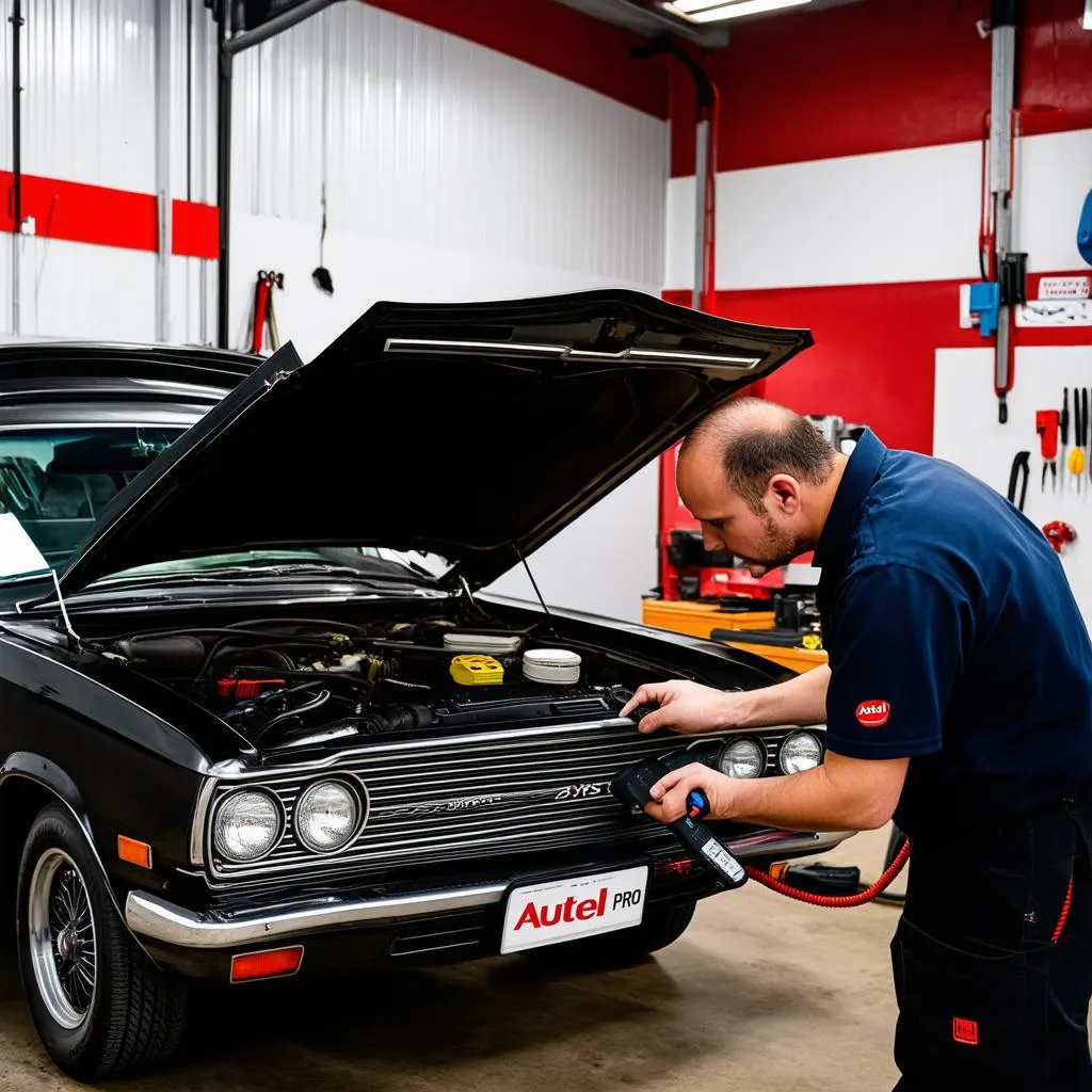 Mechanic using Autel MaxiSys Pro on a vintage car