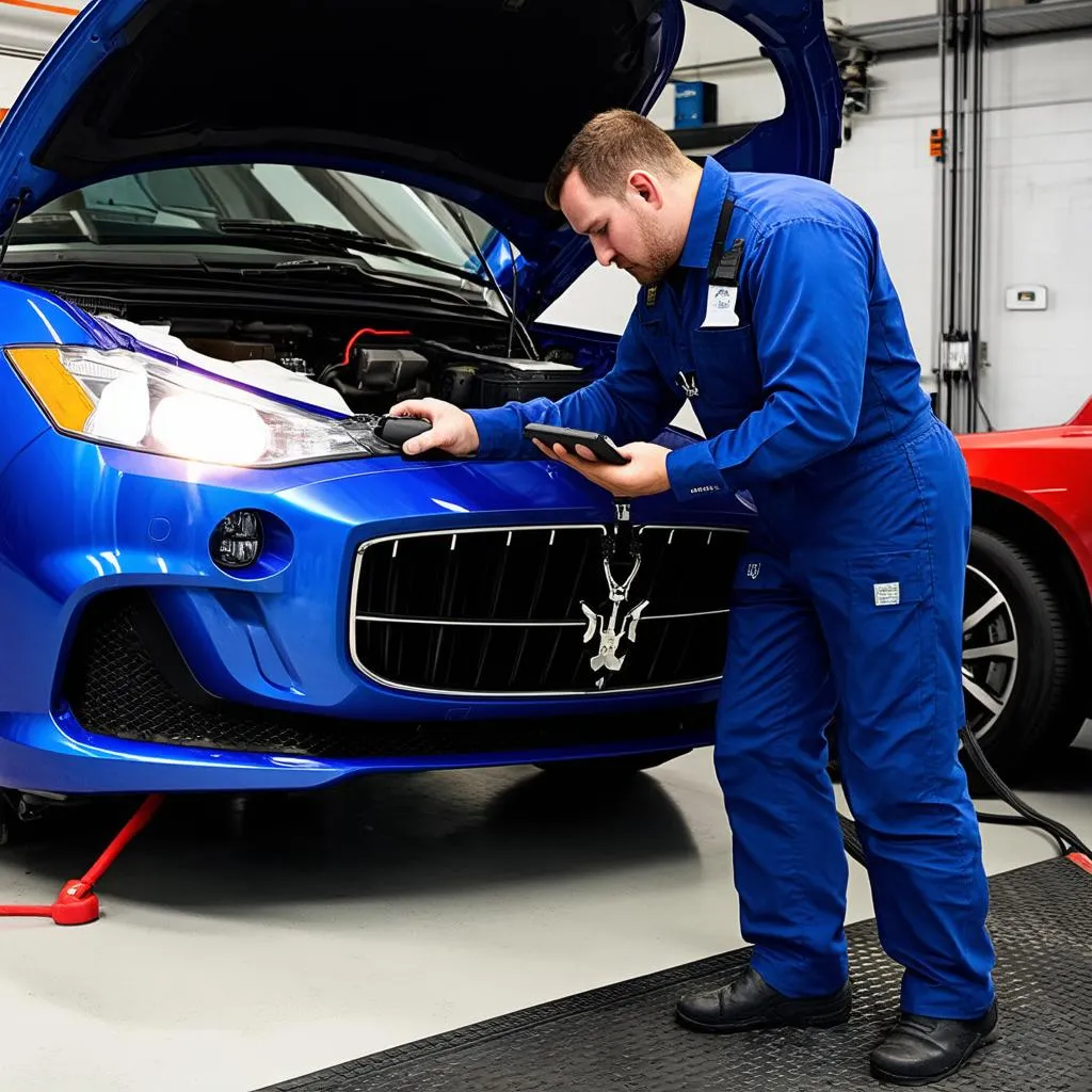 mechanic using autel maxisys pro to diagnose a maserati