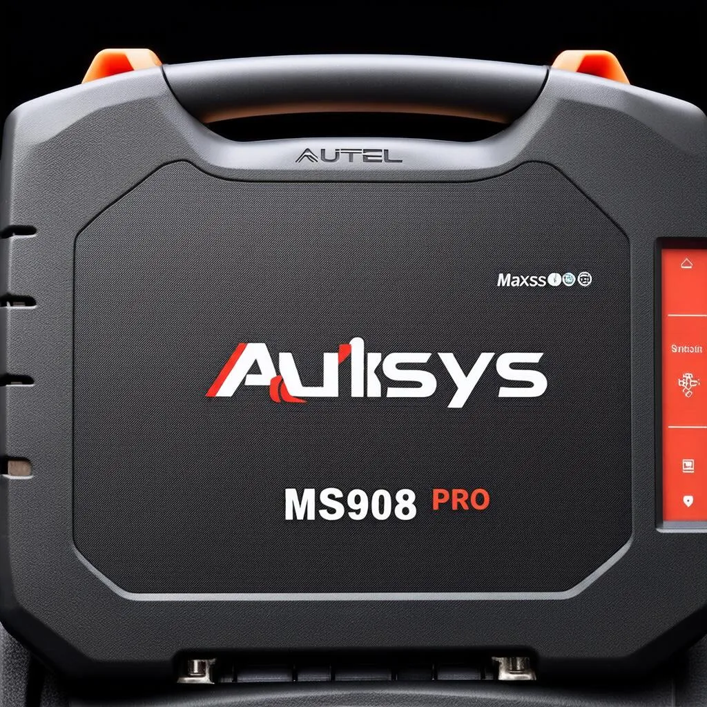 A close-up shot of the Autel MaxiSys Pro MS908P scanner, showcasing its screen, buttons, and overall design.