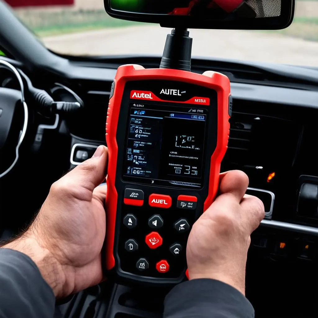 A mechanic using the Autel MaxiSys Pro MS908P to diagnose a car problem. The screen displays diagnostic information, and the mechanic is holding the scanner connector.