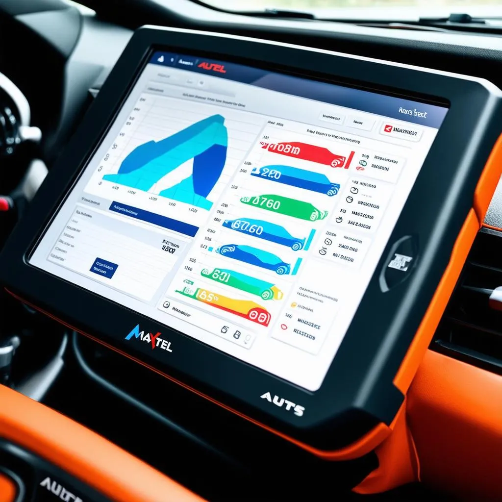 Close-up of the Autel MaxiSys diagnostic scanner's screen displaying diagnostic information.