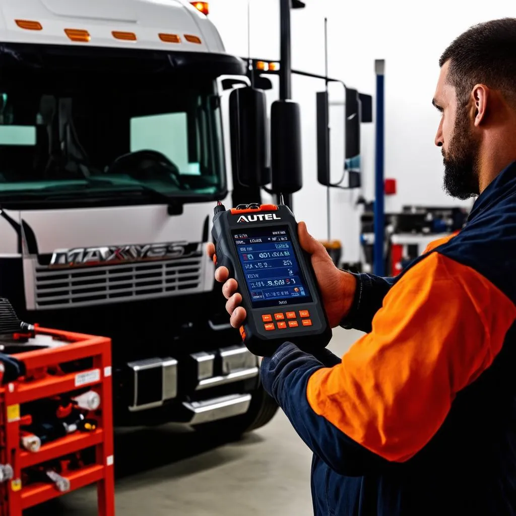 Mechanic using the Autel MaxiSys SV to diagnose a truck engine issue