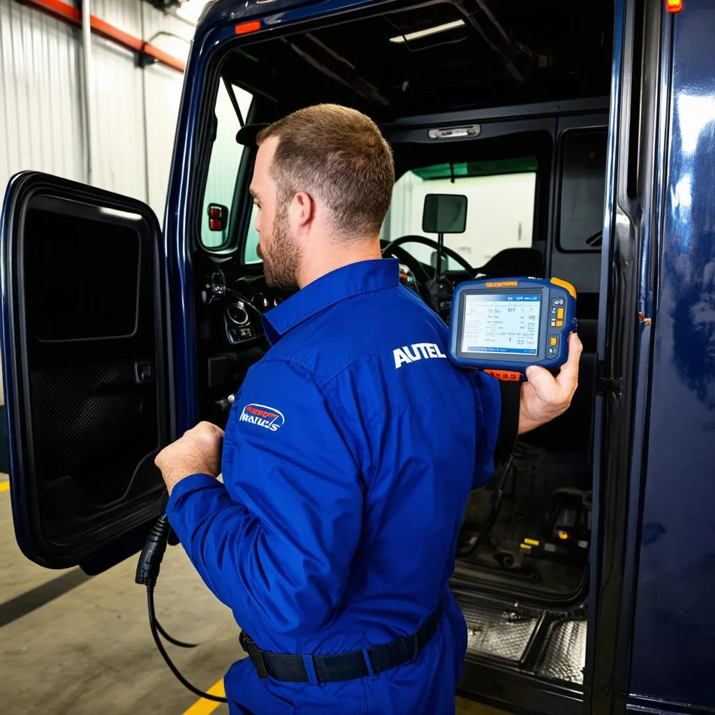 Mechanic using Autel Maxisys Trucks scanner