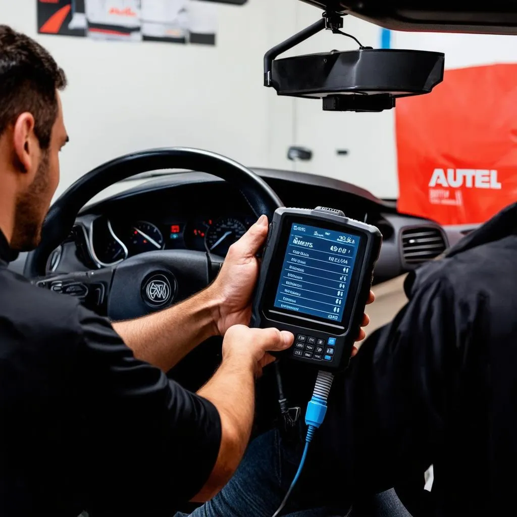 Mechanic using Autel MaxiSys Ultra to diagnose a car