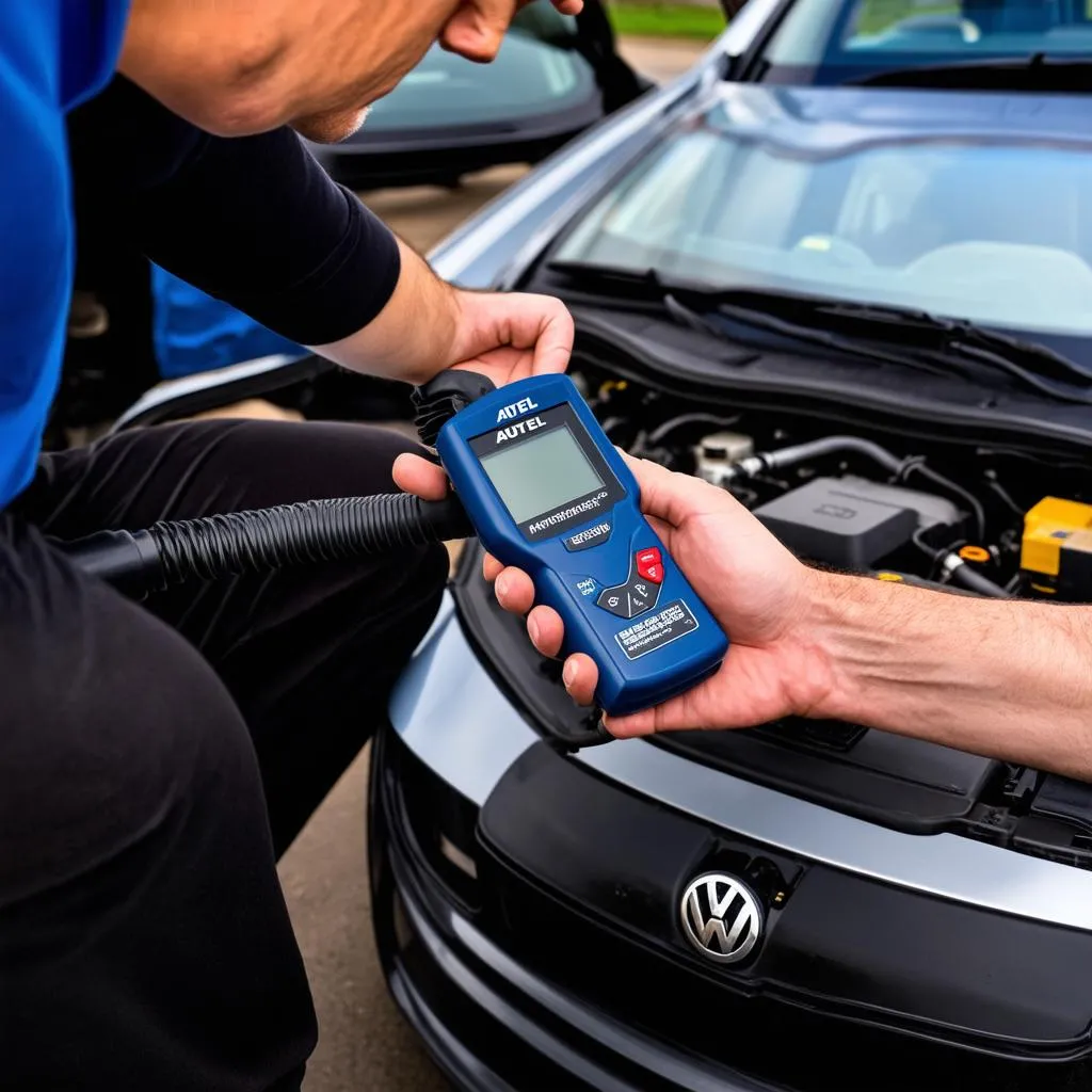 Autel MaxiSys being used to test fuel pressure on a VW TDI