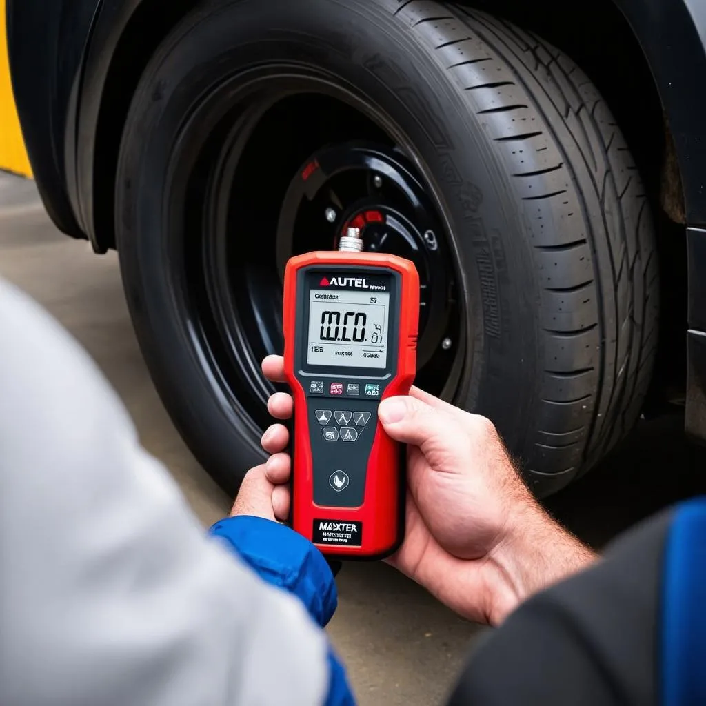 Mechanic using the Autel MaxiTPMS ITS600PRO to check tire pressure