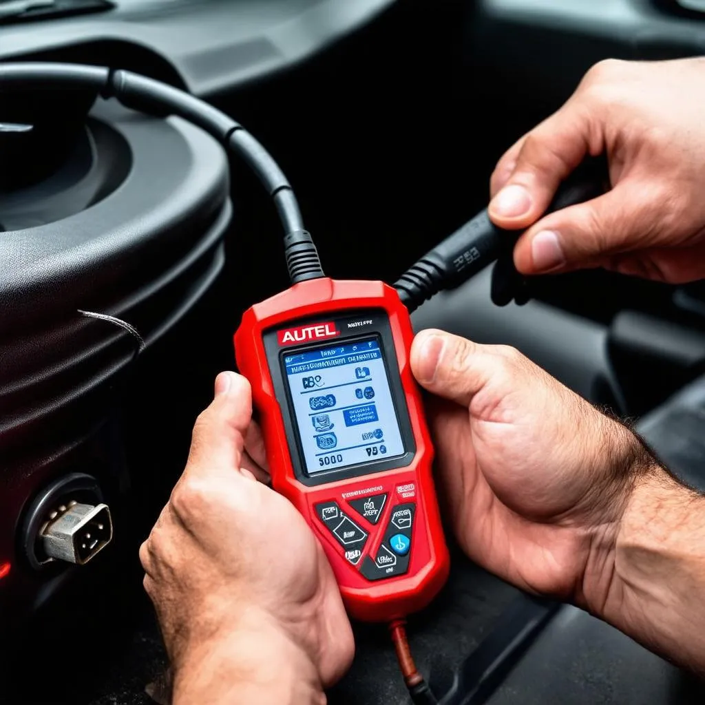 A mechanic is using the Autel MaxiTPMS ITS600PRO to diagnose a car's TPMS