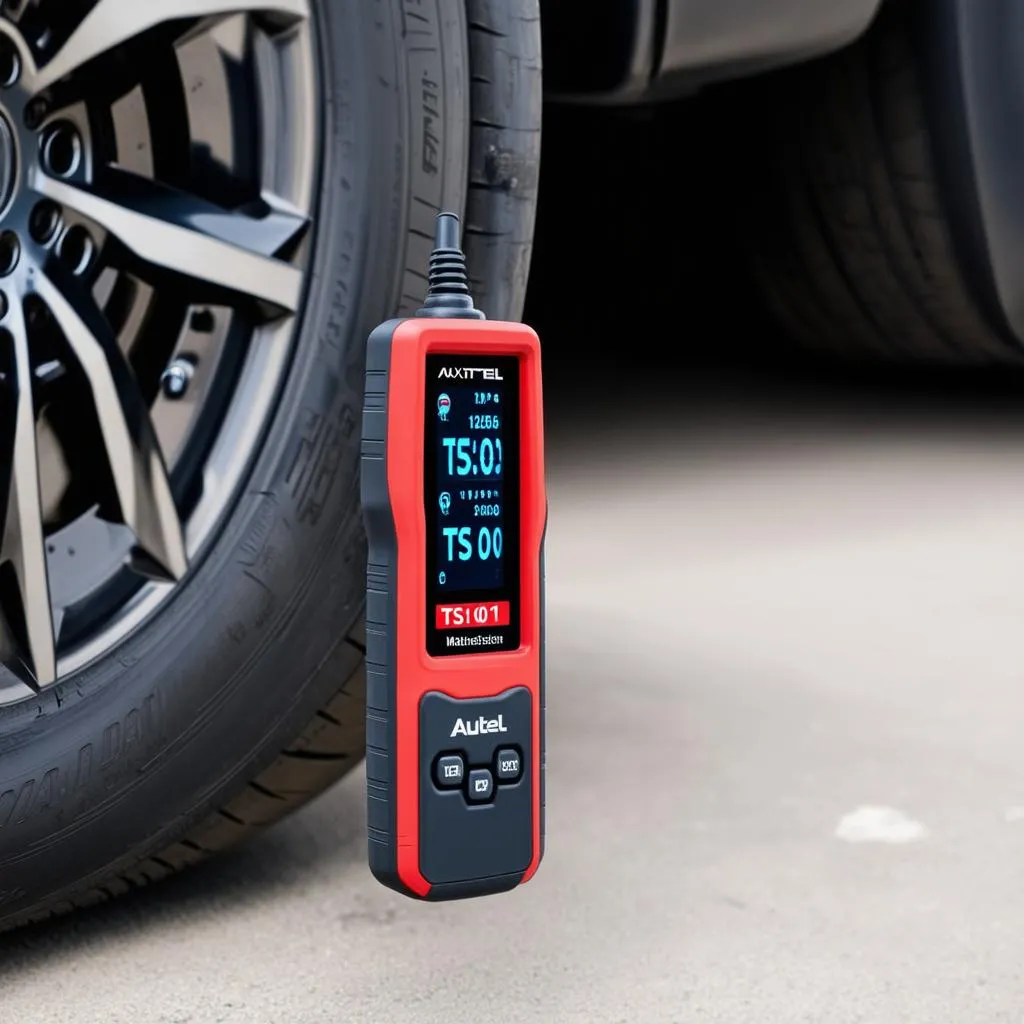 Autel MaxiTPMS TS101 diagnosing a car tire