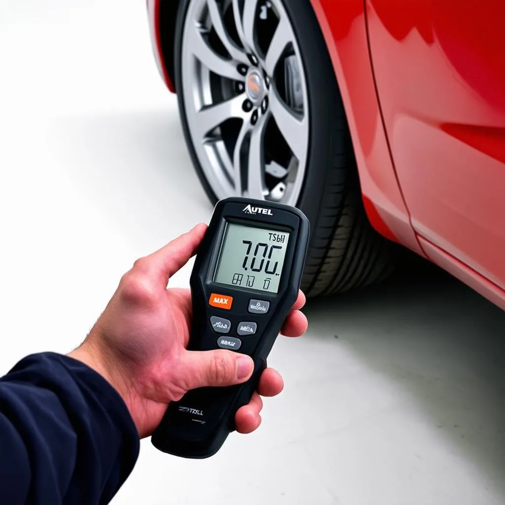 Autel MaxiTPMS TS101 being used on a car tire