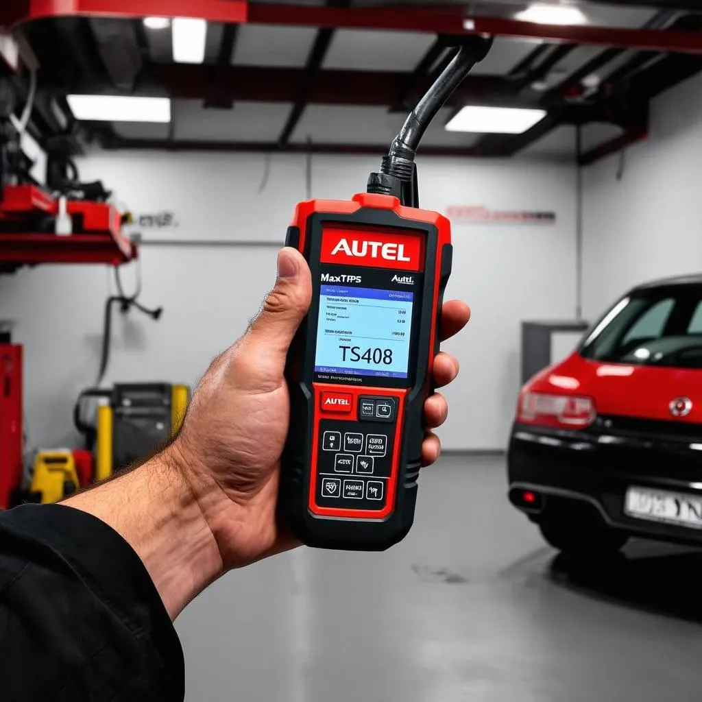 Autel MaxiTPMS TS408 held by a mechanic