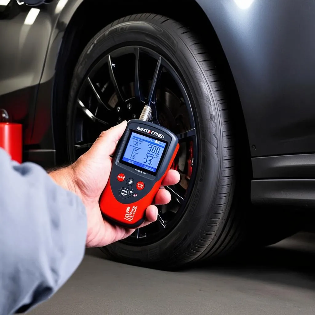 Autel MaxiTPMS TS508 being used on a car tire