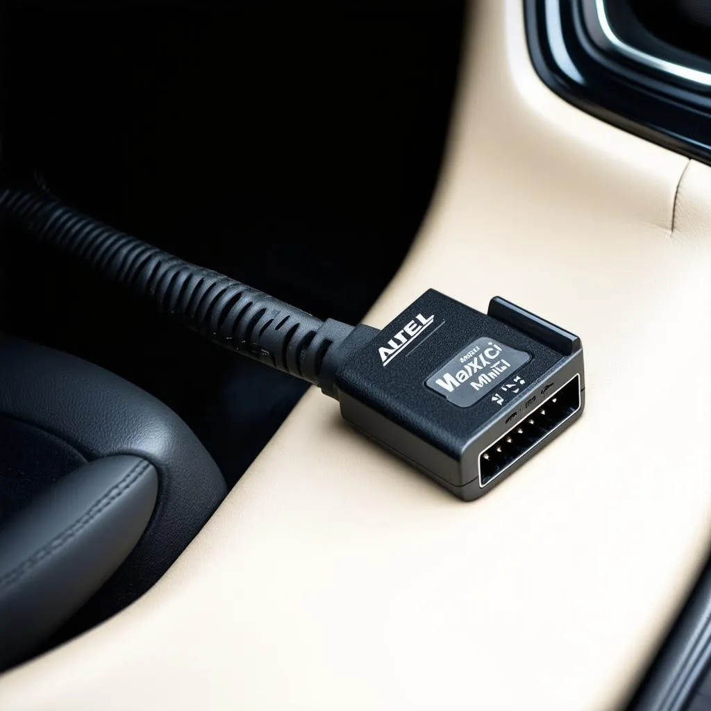 Autel MaxiVCI Mini plugged into a car's OBD-II port