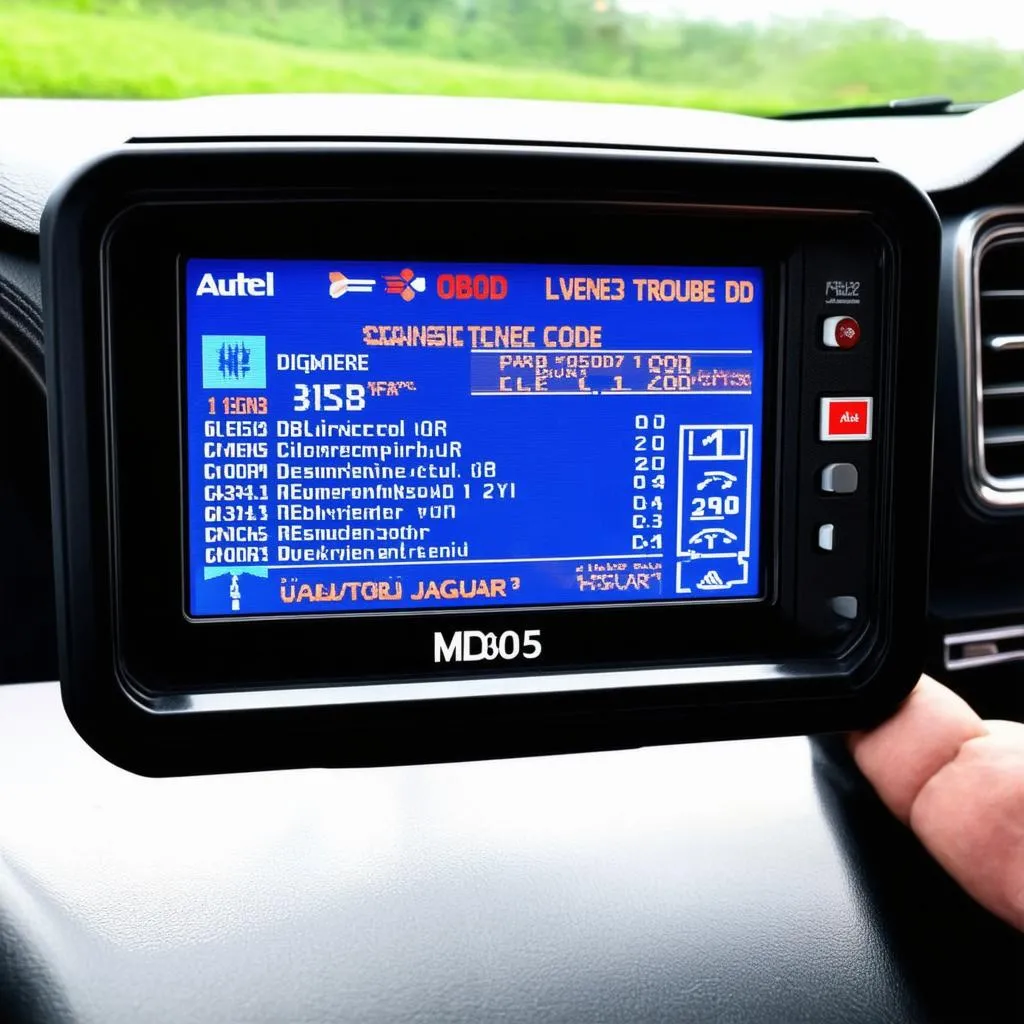 Autel MD805 displaying diagnostic results on a Jaguar