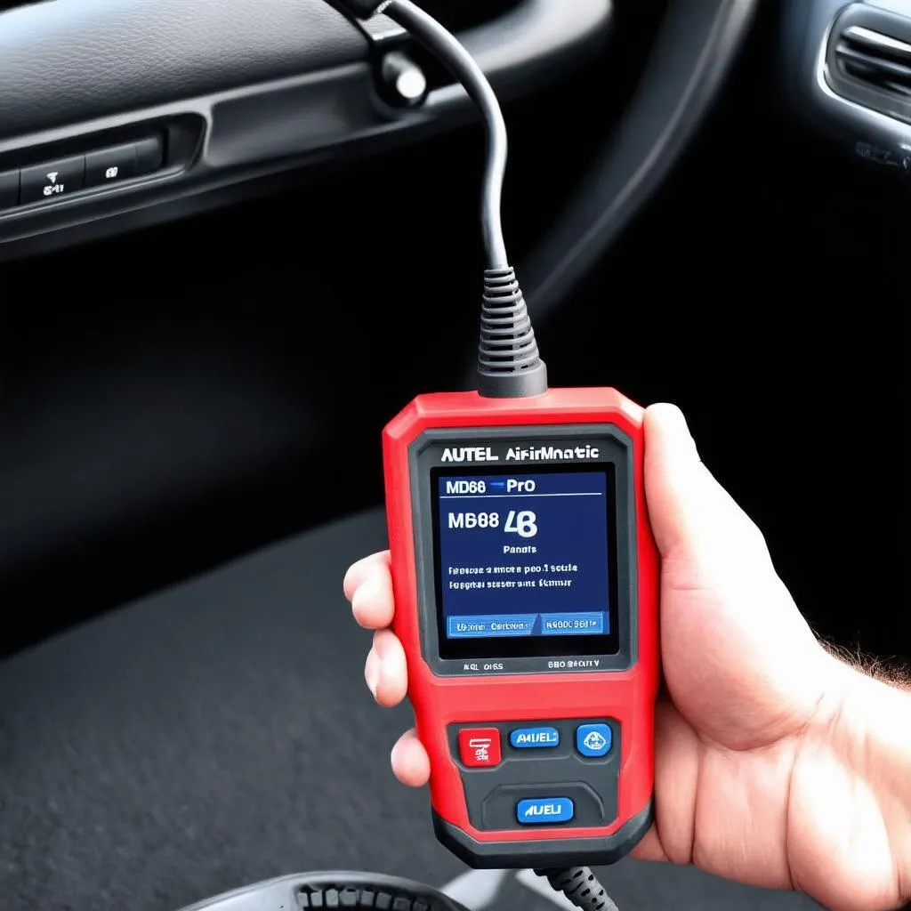 Autel MD808 Pro Airmatic plugged into a car's OBD-II port