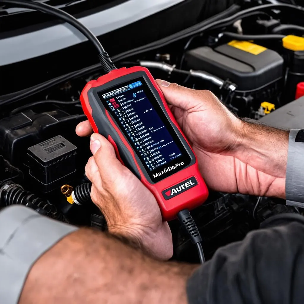 Mechanic using the Autel MD808 Pro to diagnose a car engine