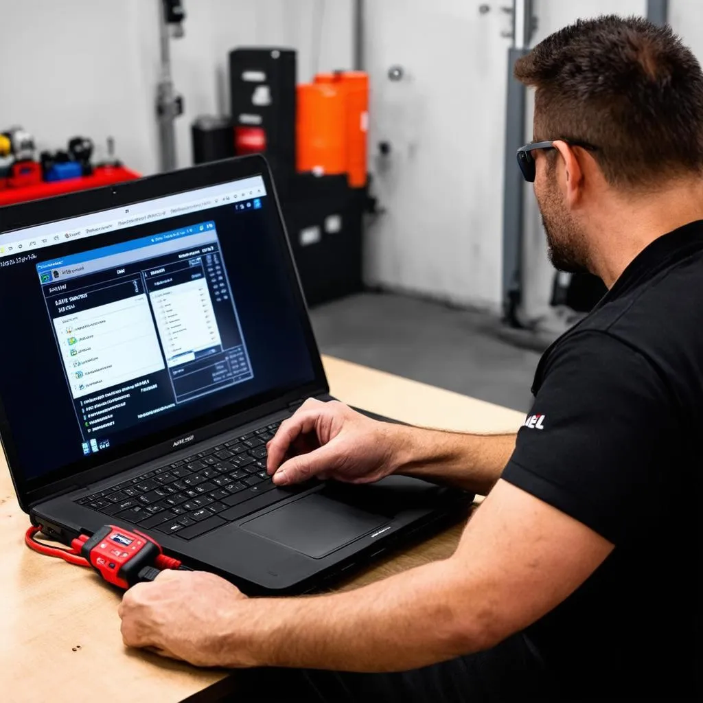 Mechanic updating his Autel MD808 Pro diagnostic scanner