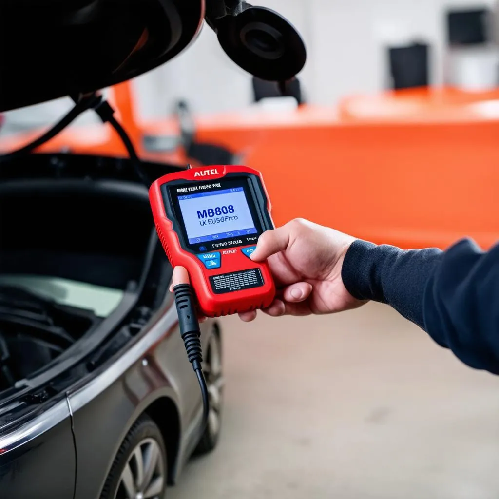 The Autel MD808 Pro UK Edition plugged into a car's OBD-II port, with a mechanic using the scanner