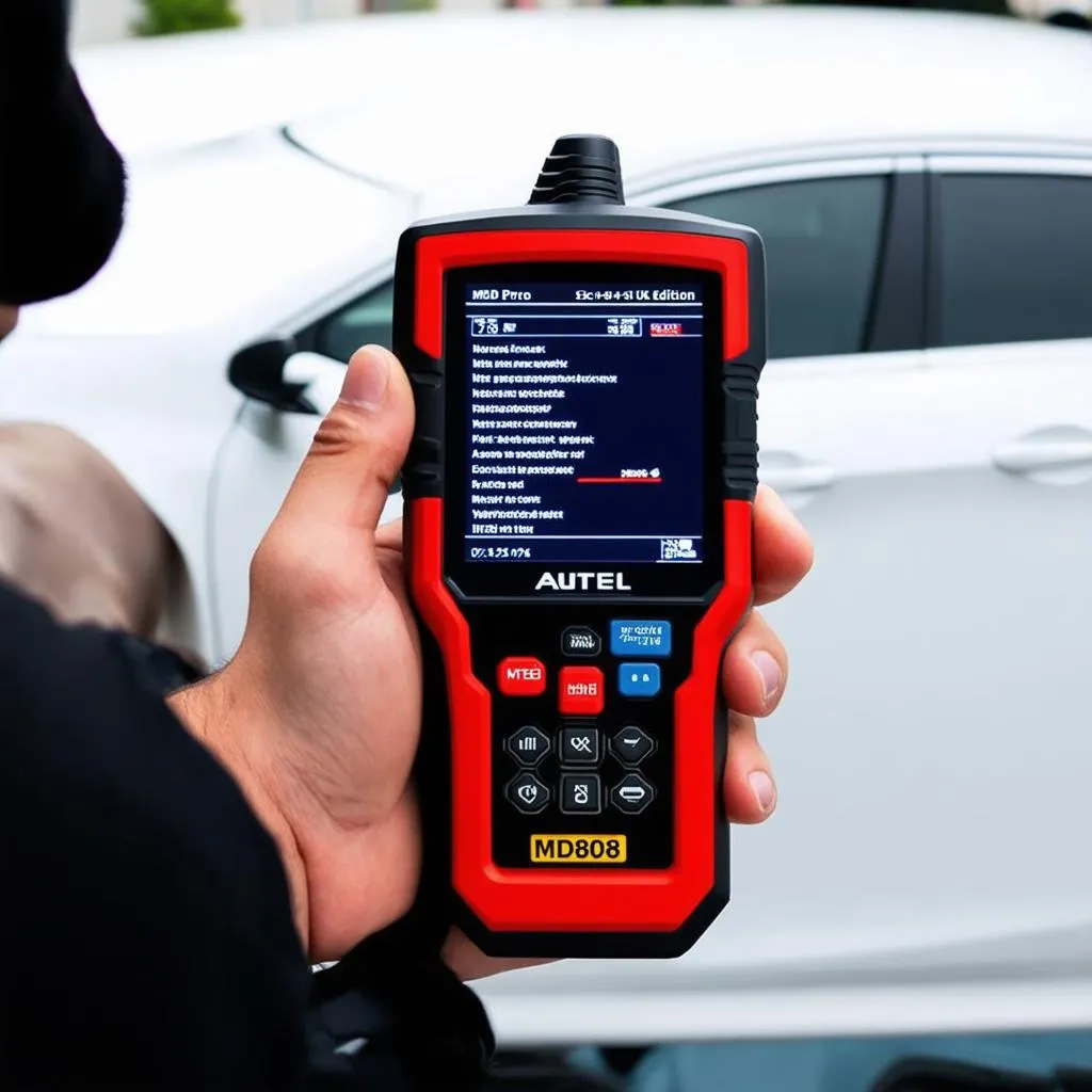 Autel MD808 Pro UK Edition held by a pair of hands, with a car in the background