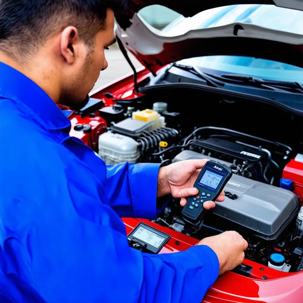 Mechanic using Autel diagnostic tool