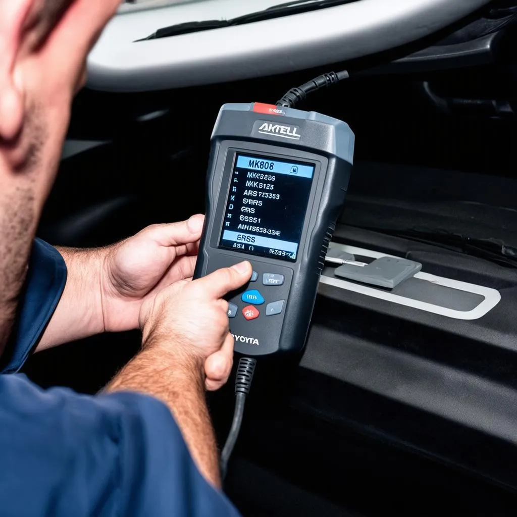 Autel MK808 diagnosing a Toyota car's SRS system