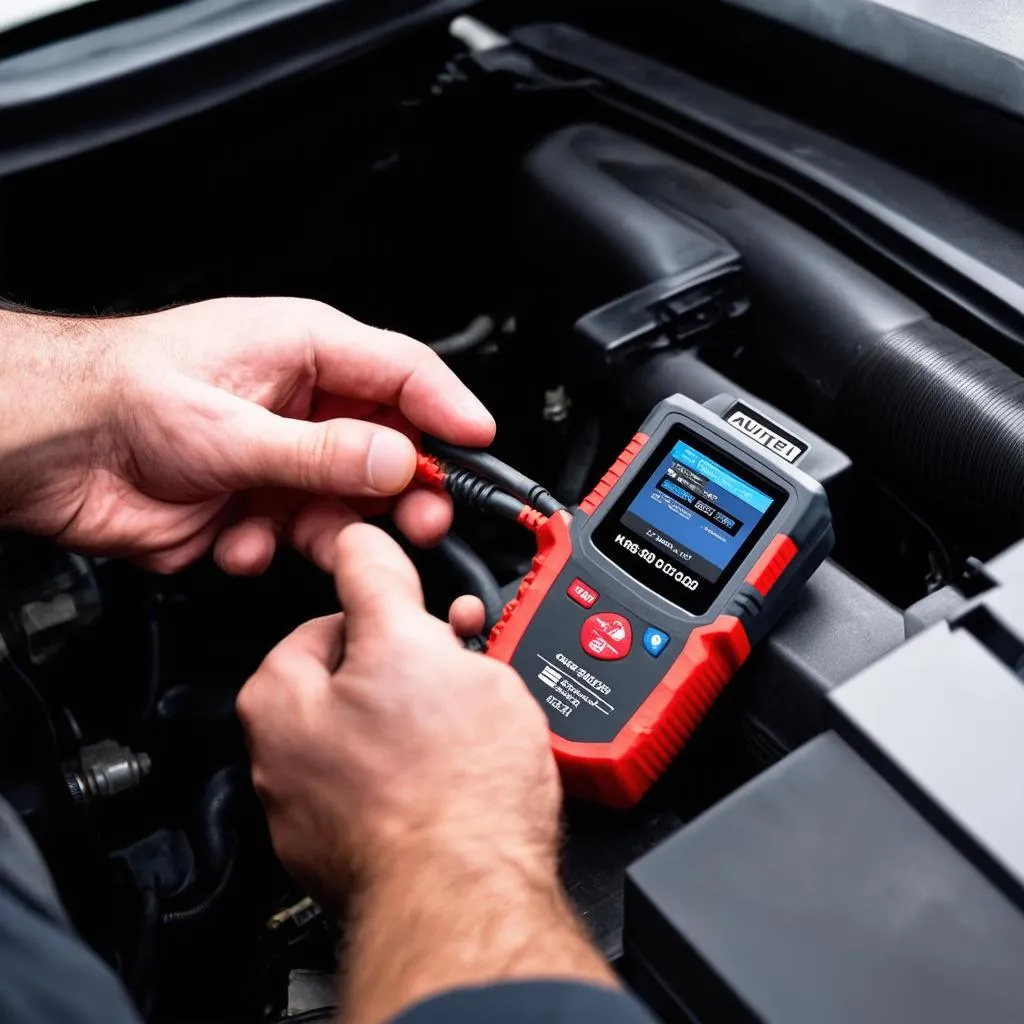 Mechanic using Autel MK808 on a car