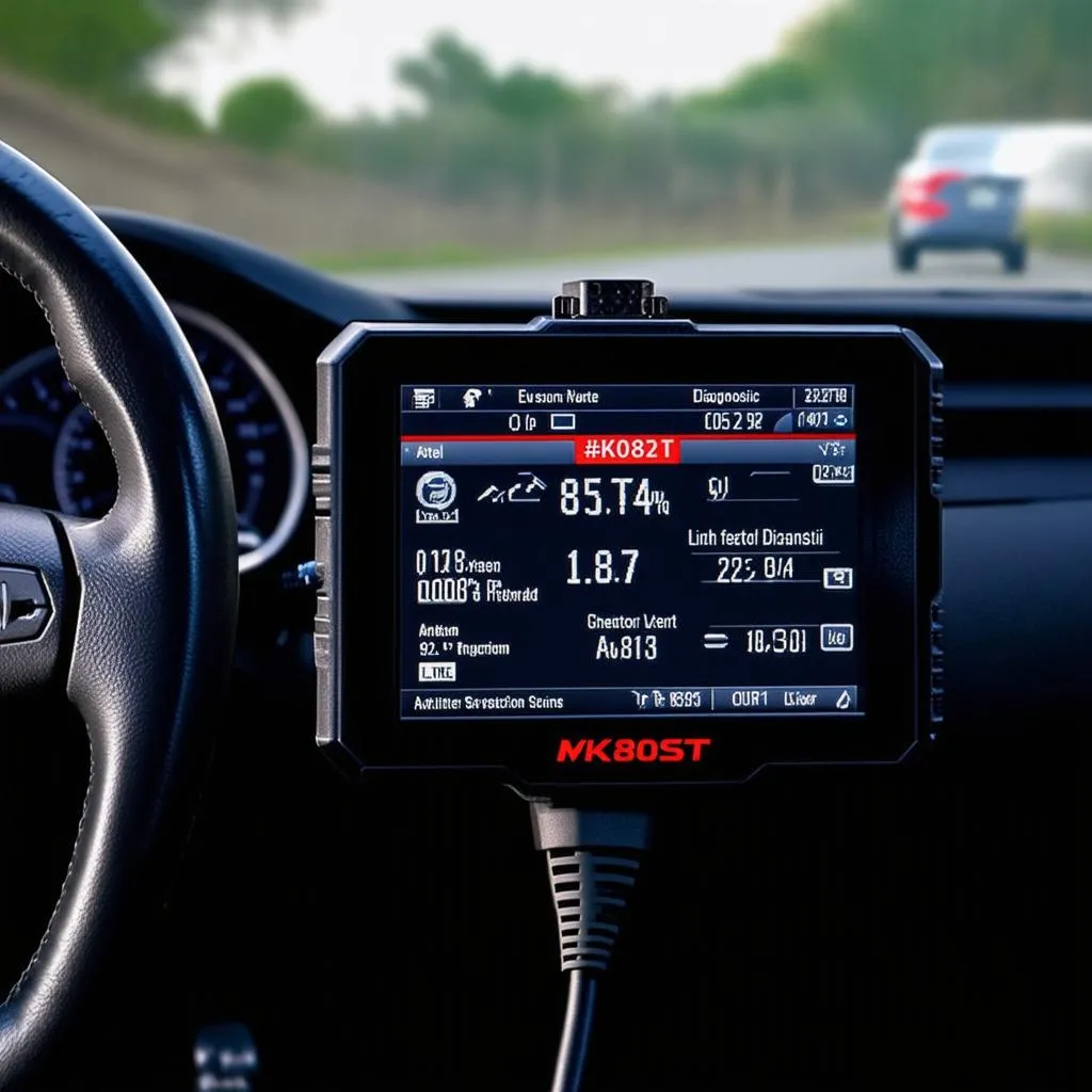 Autel MK808ST diagnostic tool plugged into a car's OBD2 port, displaying diagnostic information on its screen.