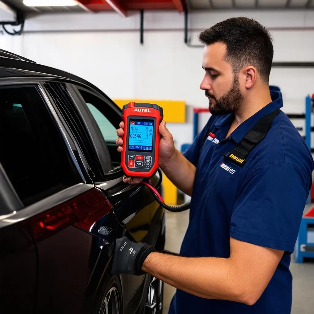 Mechanic using Autel MK906 in a garage