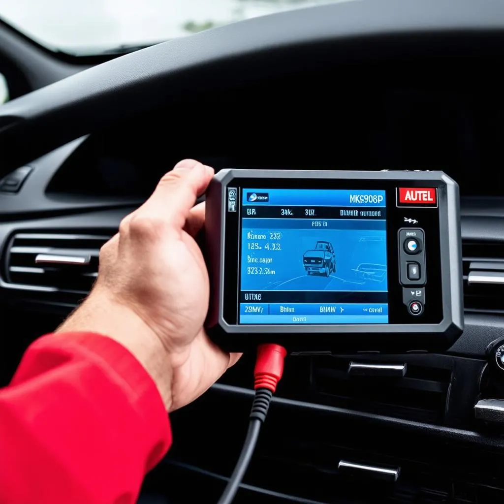 Autel MK908P diagnostic scanner connected to a BMW car's OBD-II port