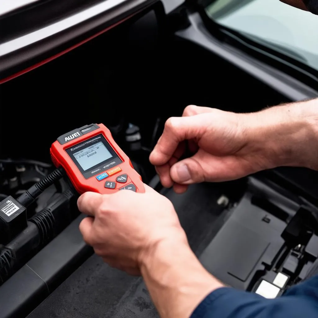 Close-up of a mechanic using the Autel MK908P to program a BMW car's ECU