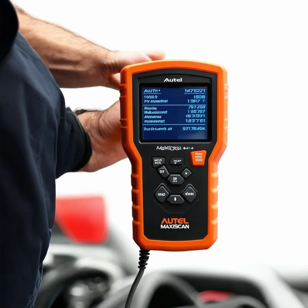 Mechanic holding an Autel MS509 OBD2 scanner