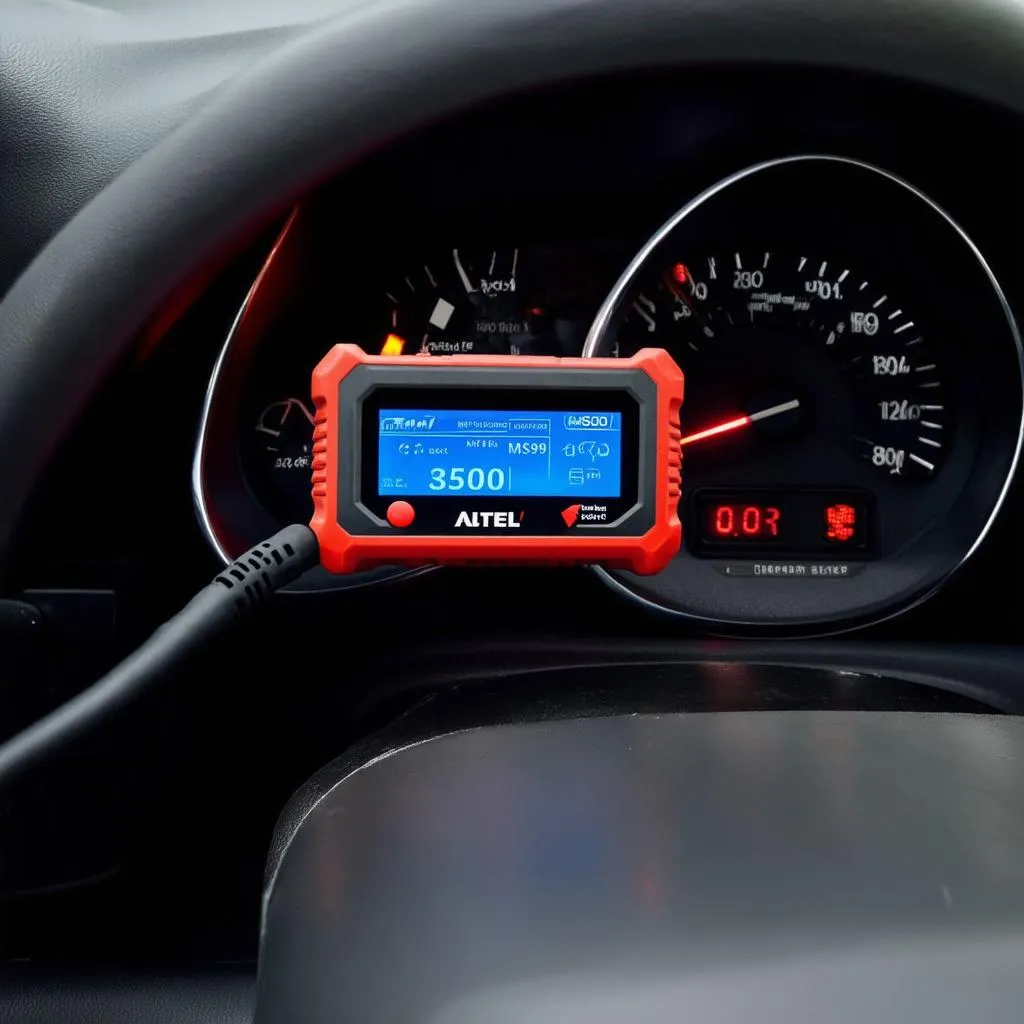 Autel MS609 plugged into a car's OBD2 port