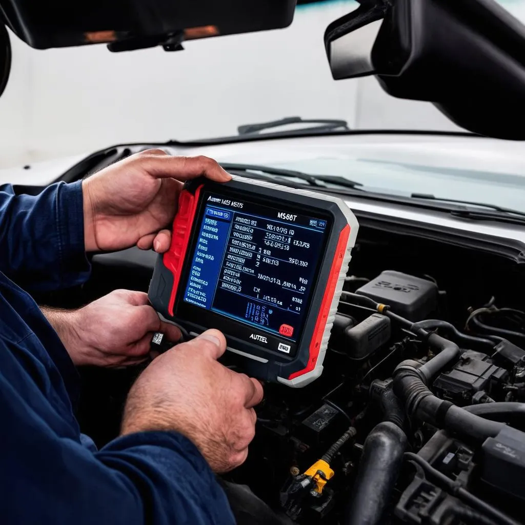 Autel MaxiSys MS808TS being used to diagnose a car's engine control unit