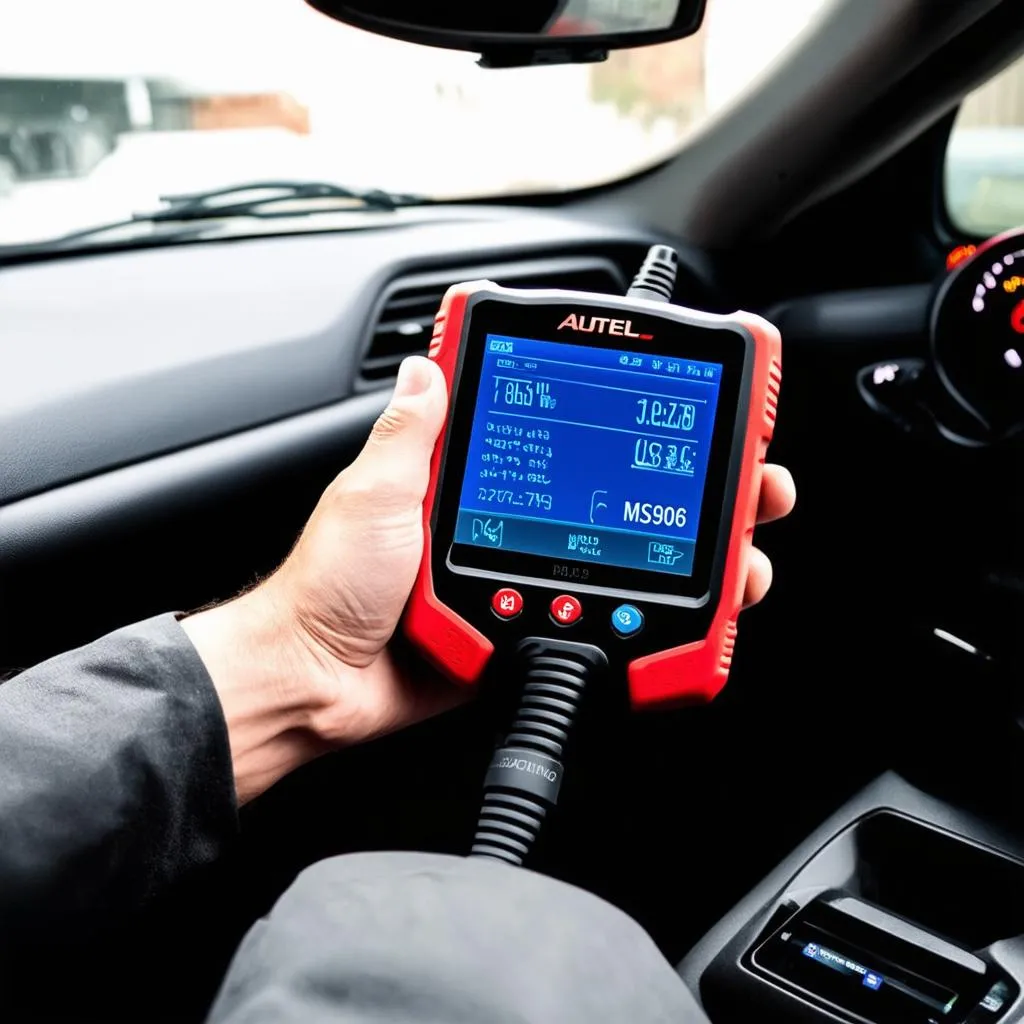 Autel MS906 connected to a car's OBD-II port