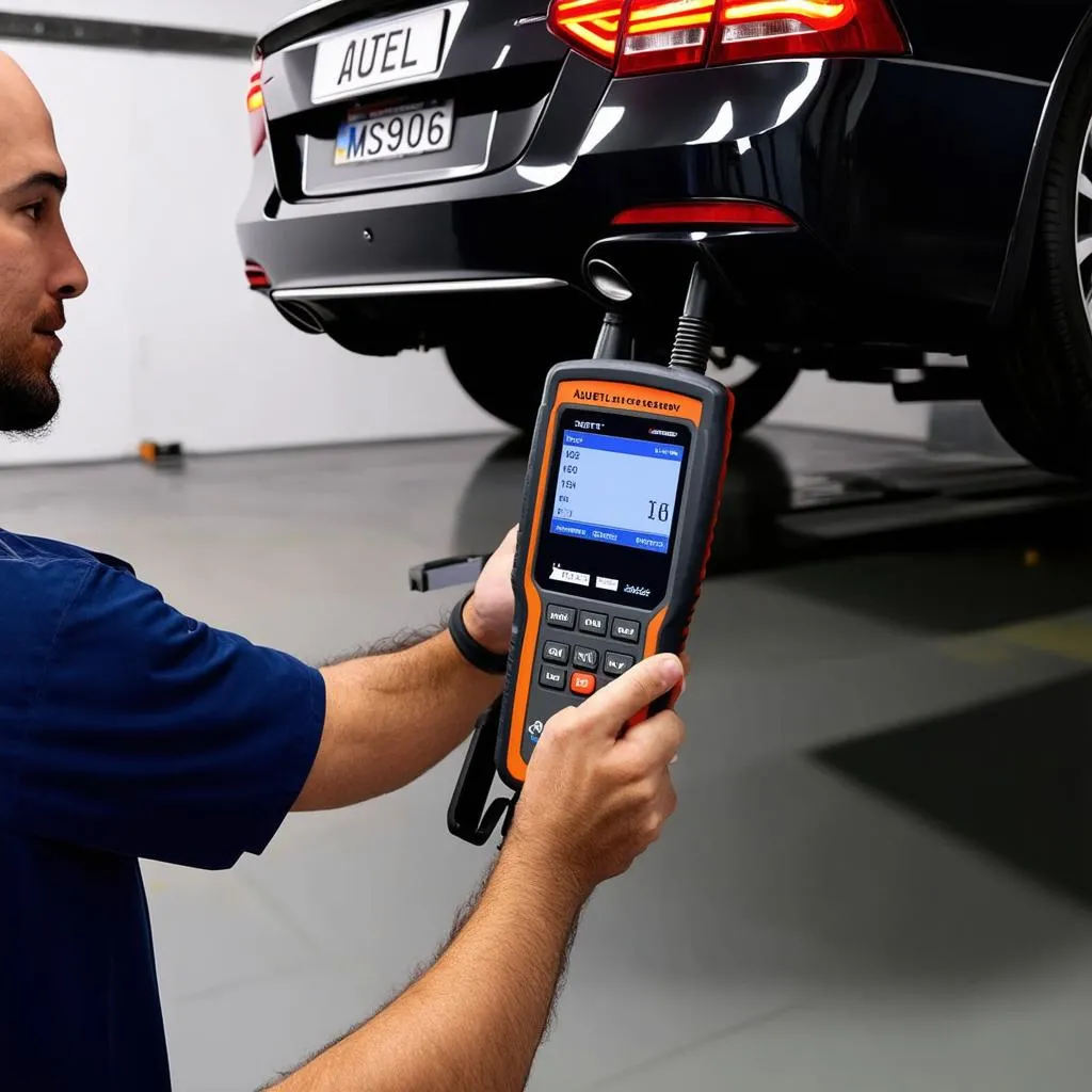 Mechanic using Autel MS906 on car